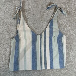 UpWest Striped Tie Strap Tank Top Blue Green Hemp Blend Summer Crop Size S